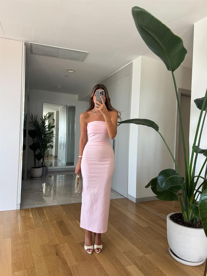 Dilvin Straplez Midi Elbise -Pembe