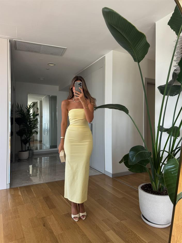 Dilvin Straplez Midi Elbise -Sarı