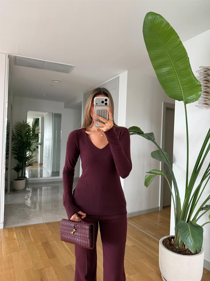 Dilvin V Yaka Kaşmir Triko - Bordo 