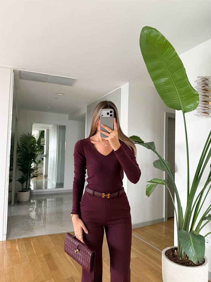 Dilvin V Yaka Kaşmir Triko - Bordo 