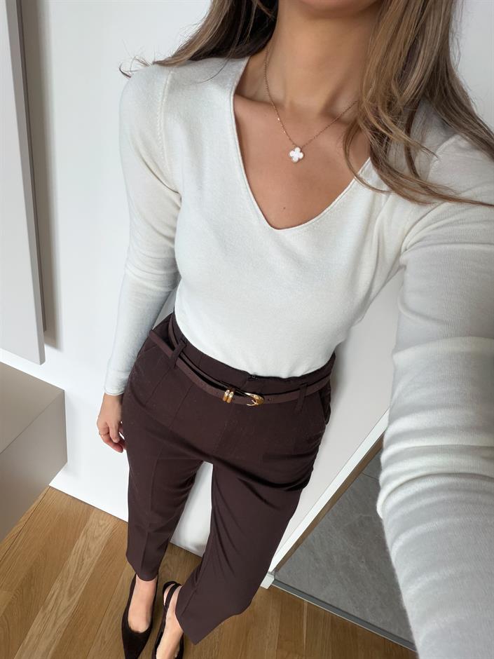 Dilvin V Yaka Kaşmir Triko - Ekru 