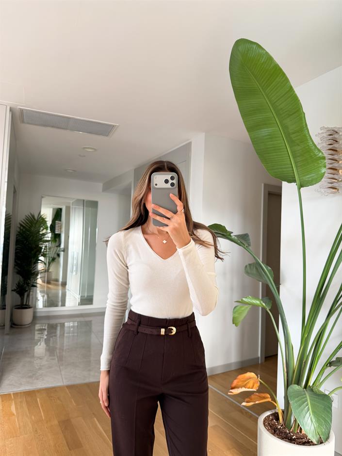 Dilvin V Yaka Kaşmir Triko - Ekru 