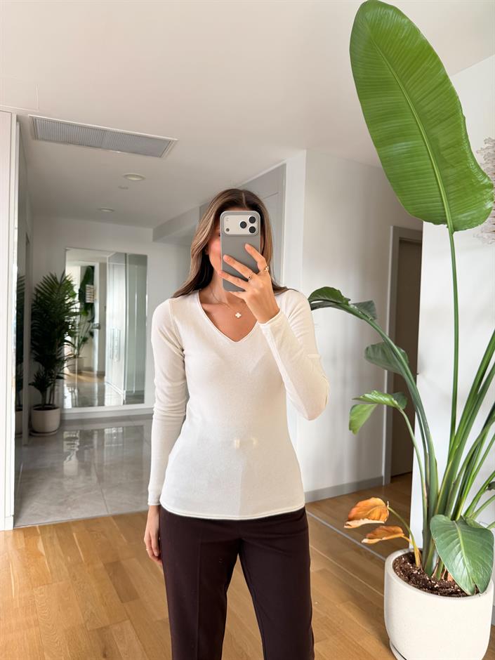 Dilvin V Yaka Kaşmir Triko - Ekru 