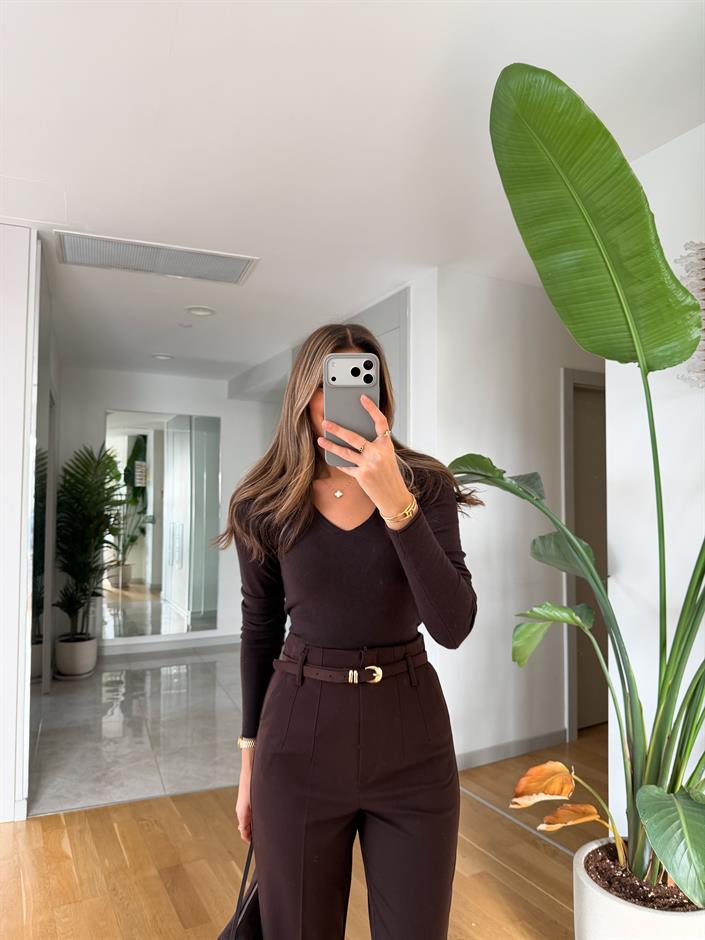 Dilvin V Yaka Kaşmir Triko - Koyu Kahve