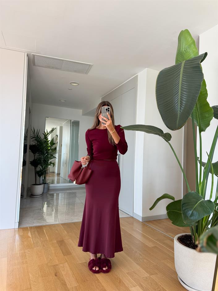 Dilvin Yüksek Bel Uzun Etek - Bordo