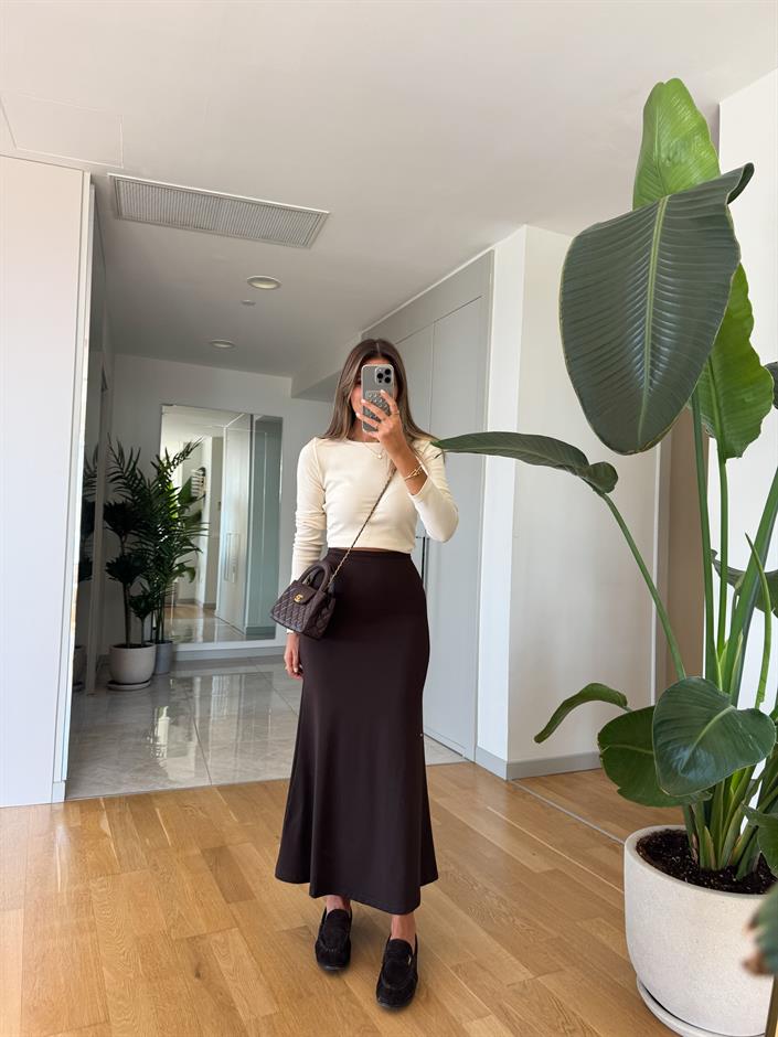 Dilvin Yüksek Bel Uzun Etek - Koyu Kahve