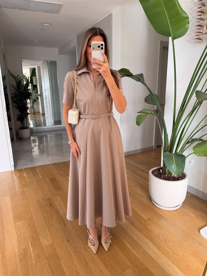 Dora Kemerli Kloş Elbise - Bej