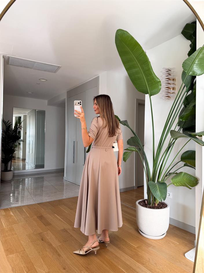 Dora Kemerli Kloş Elbise - Bej