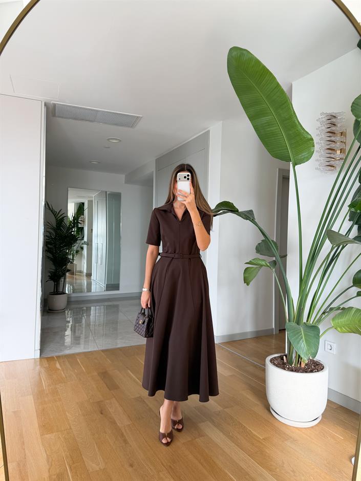 Dora Kemerli Kloş Elbise - Kahve