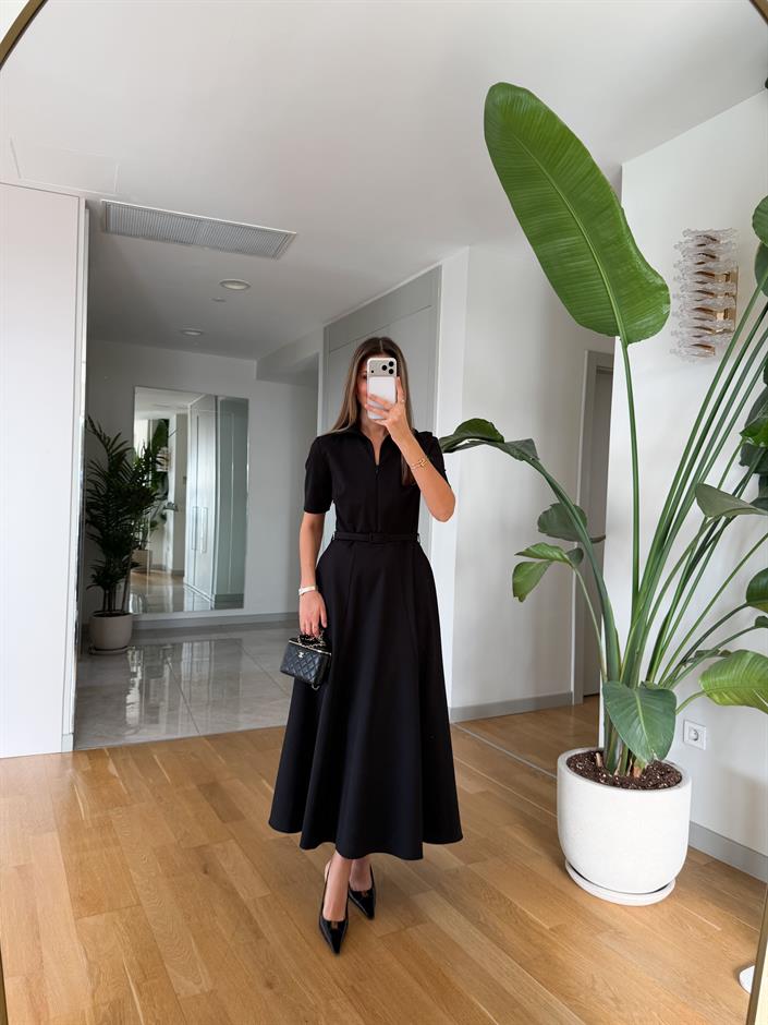 Dora Kemerli Kloş Elbise - Siyah