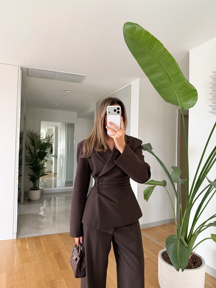Drape Detaylı Blazer Takım - Kahve