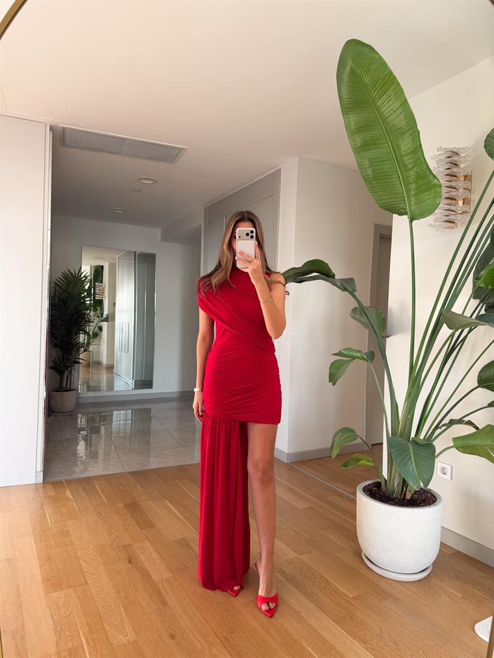 Drape Detaylı Mini Elbise - Kırmızı 