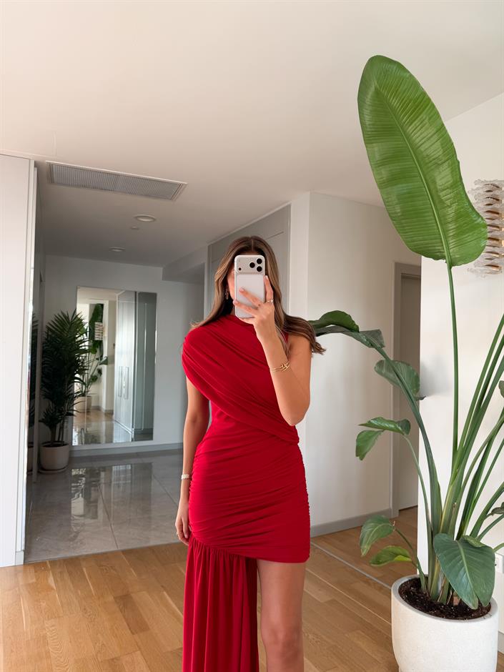 Drape Detaylı Mini Elbise - Kırmızı 