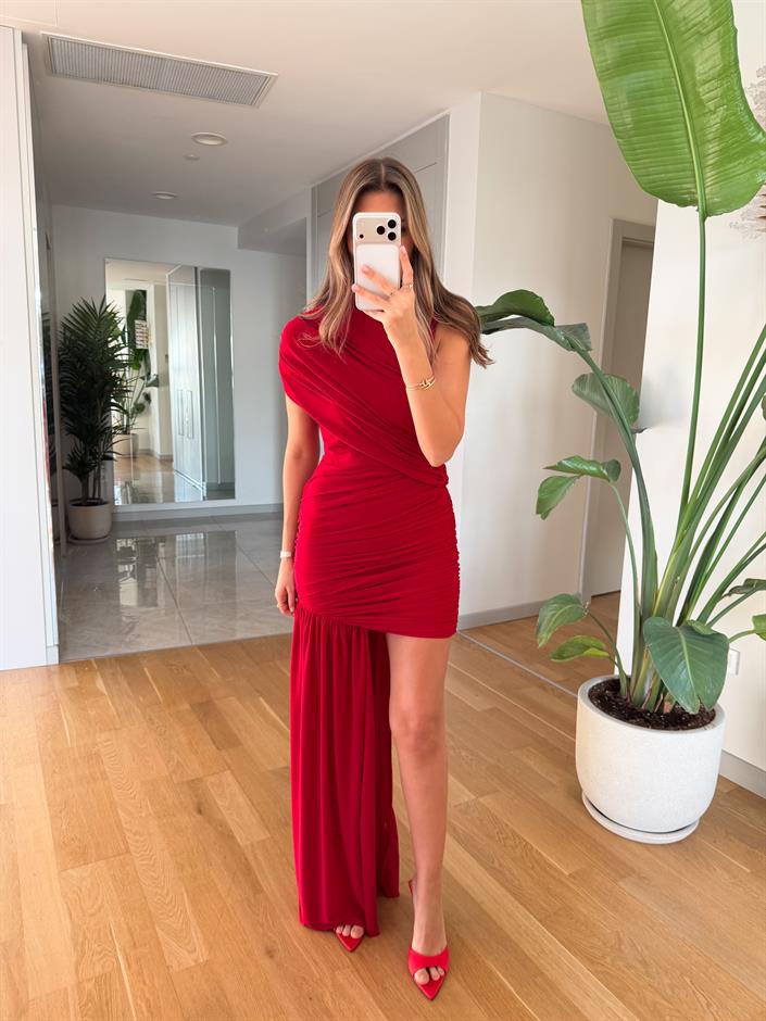 Drape Detaylı Mini Elbise - Kırmızı 