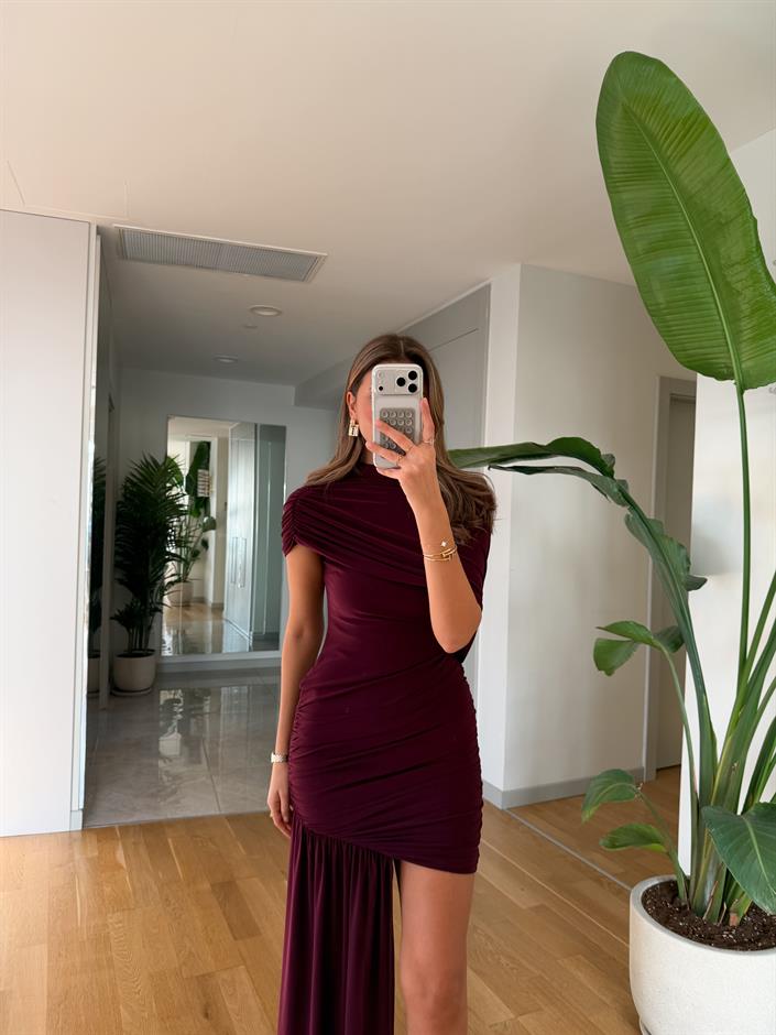Drape Detaylı Mini Elbise - Mürdüm