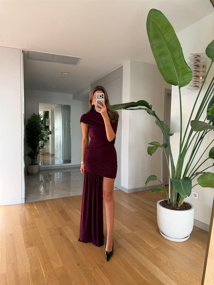 Drape Detaylı Mini Elbise - Mürdüm