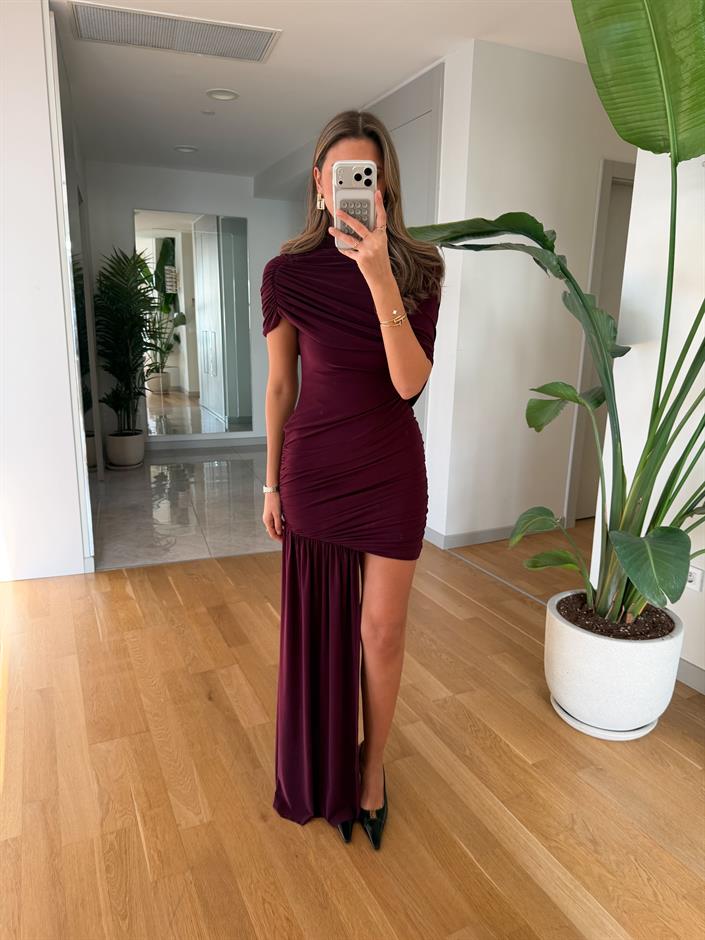 Drape Detaylı Mini Elbise - Mürdüm