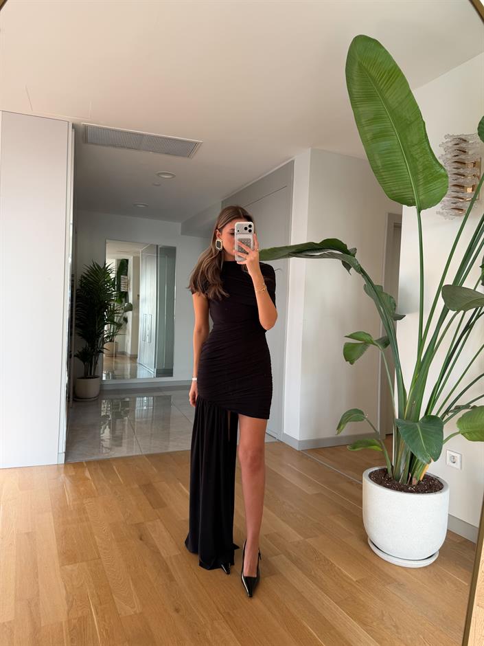 Drape Detaylı Mini Elbise - Siyah