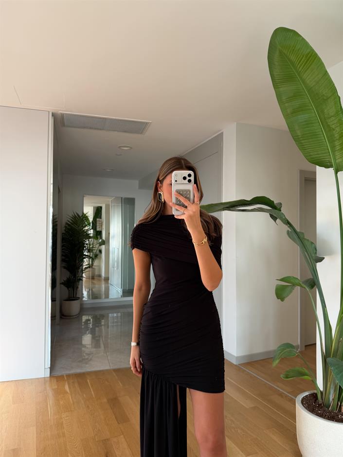 Drape Detaylı Mini Elbise - Siyah