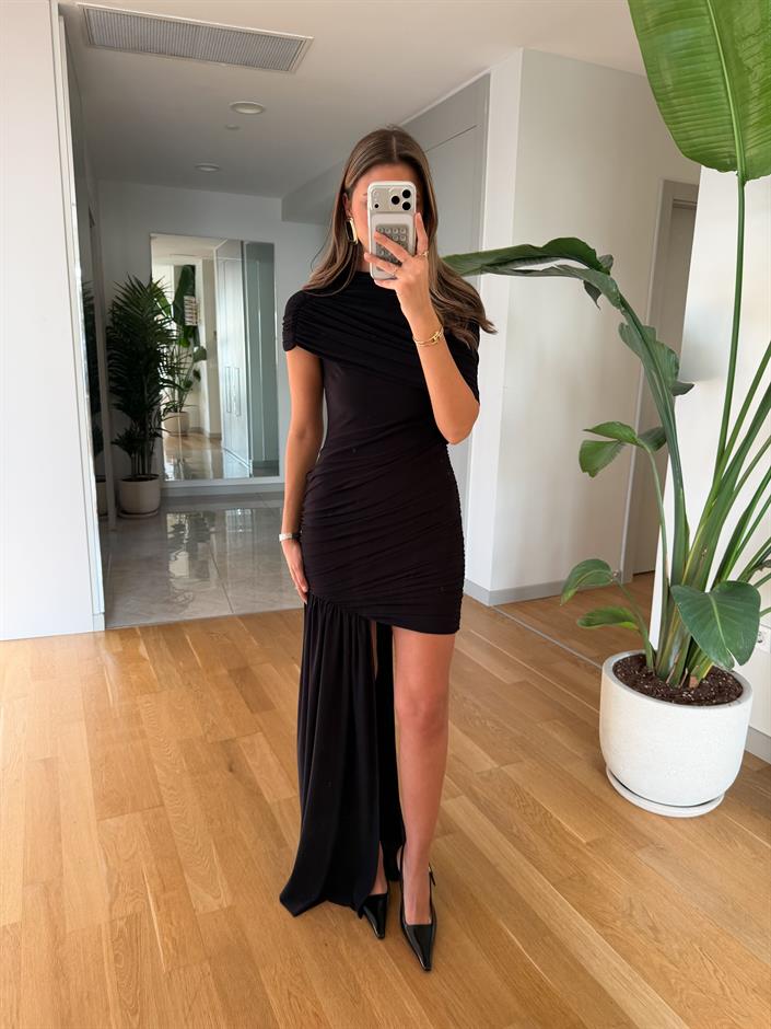 Drape Detaylı Mini Elbise - Siyah
