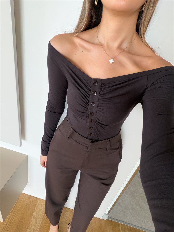 Düğme Detaylı Bodysuit - Koyu Kahve