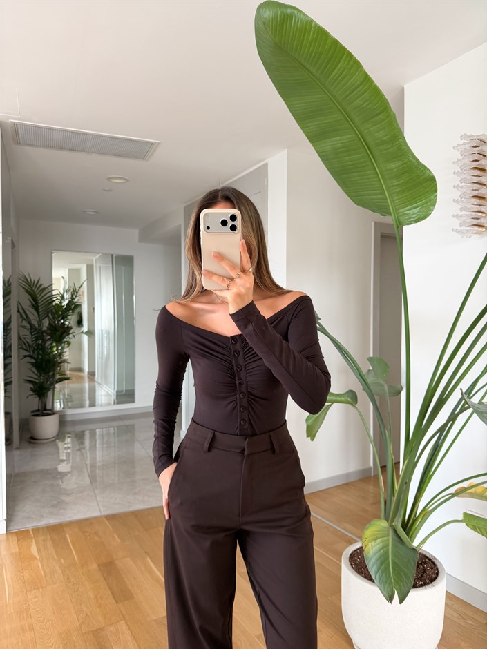 Düğme Detaylı Bodysuit - Koyu Kahve