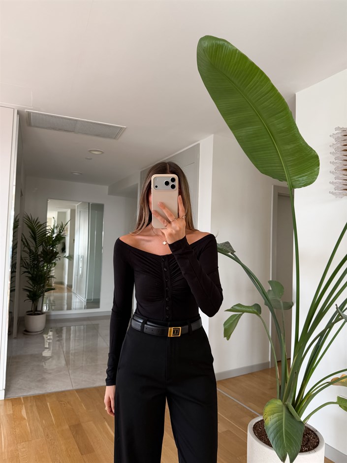 Düğme Detaylı Bodysuit - Siyah