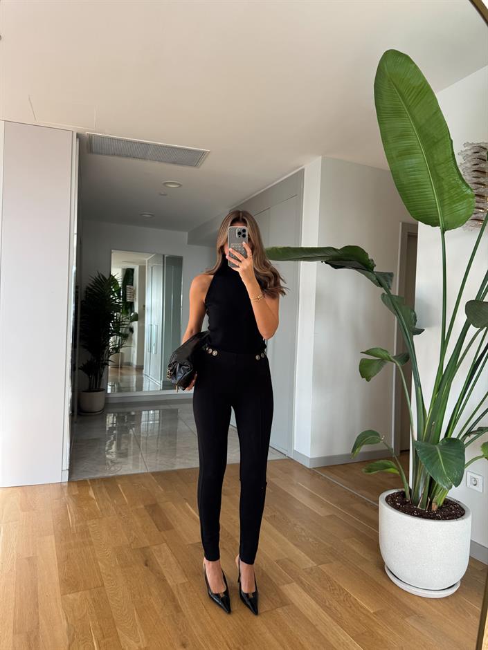 Düğme Detaylı Çelik Tayt -Siyah 