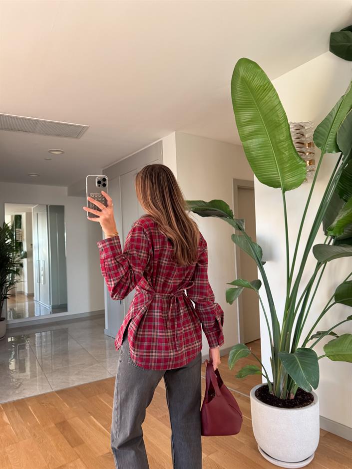 Düğme Detaylı Vatkalı Kareli Gömlek - Bordo