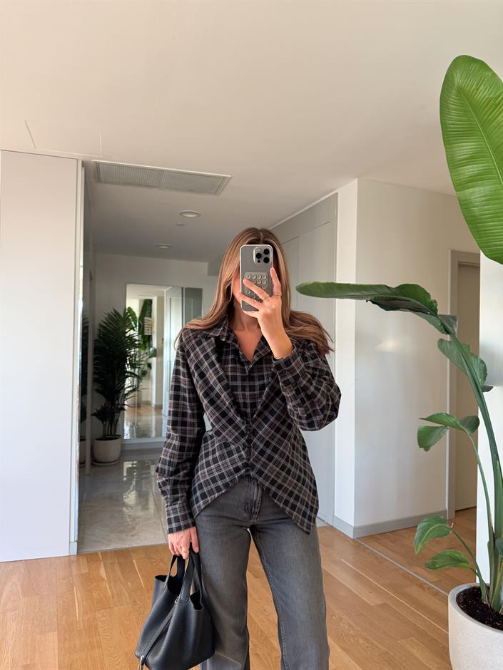 Düğme Detaylı Vatkalı Kareli Gömlek - Siyah