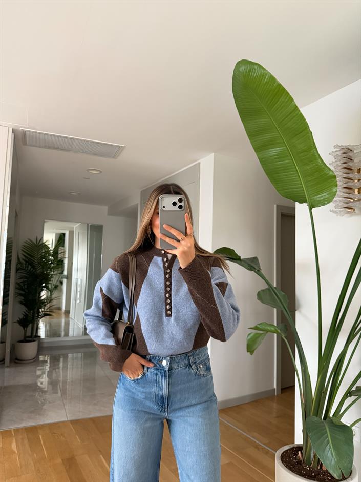 Düğmeli Baklava Desen Kazak - Kahve Mavi 