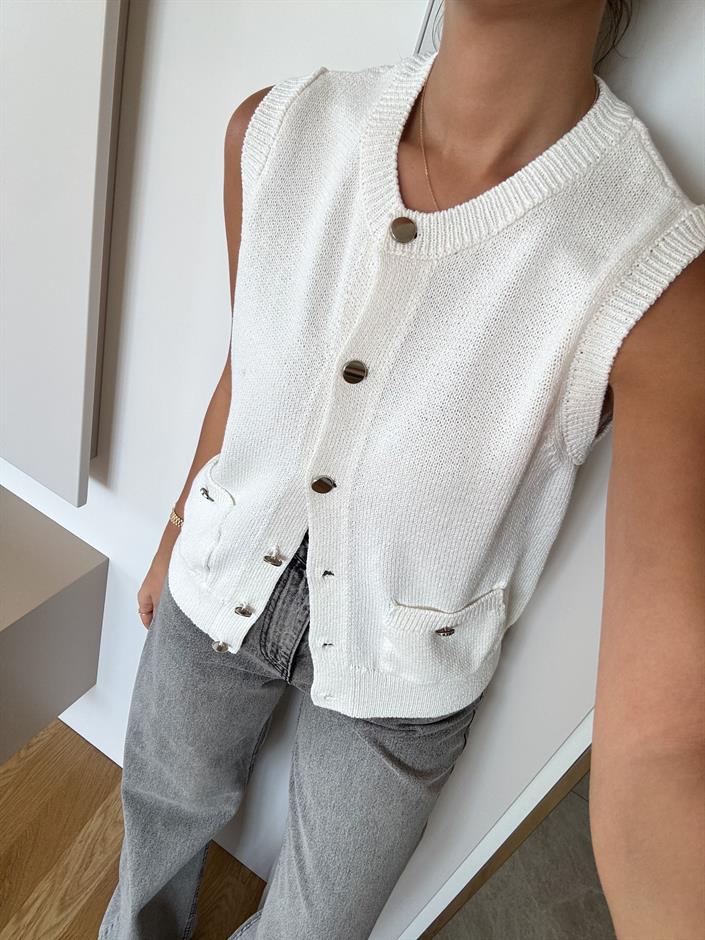 Berry Düğmeli Cepli Hırka - Ekru 