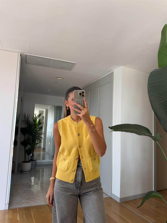 Berry Düğmeli Cepli Hırka - Sarı