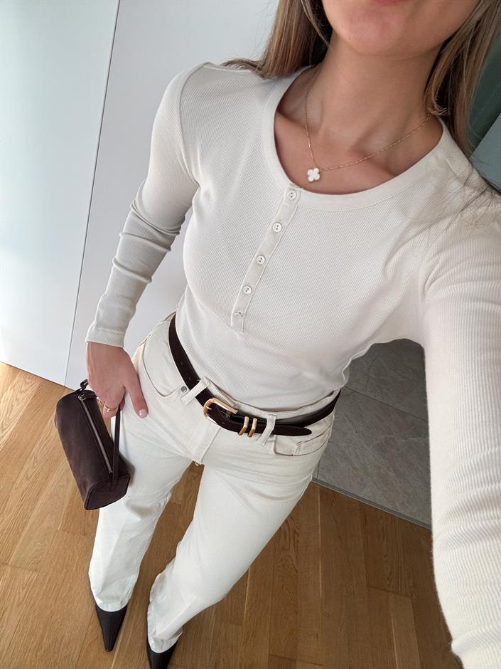 Düğmeli Fitilli Bluz -Bej