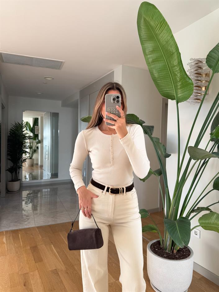 Düğmeli Fitilli Bluz -Bej