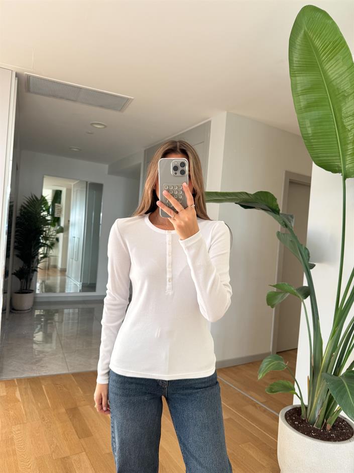 Düğmeli Fitilli Bluz -Beyaz