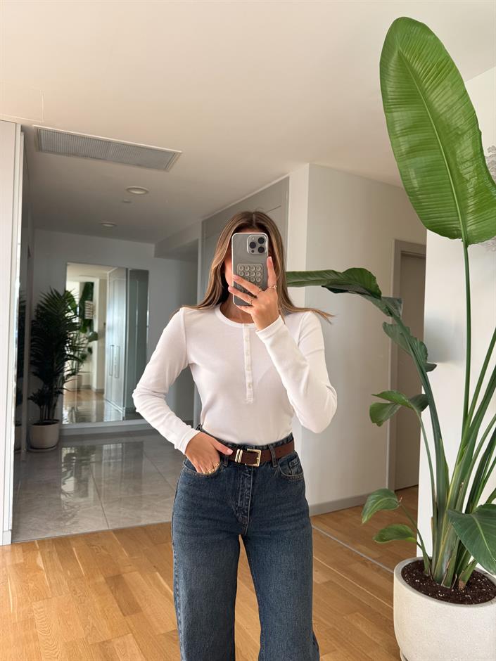 Düğmeli Fitilli Bluz -Beyaz