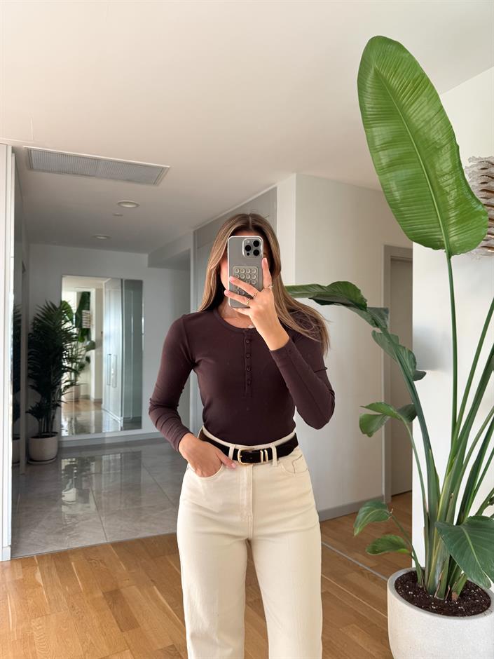 Düğmeli Fitilli Bluz -Kahve