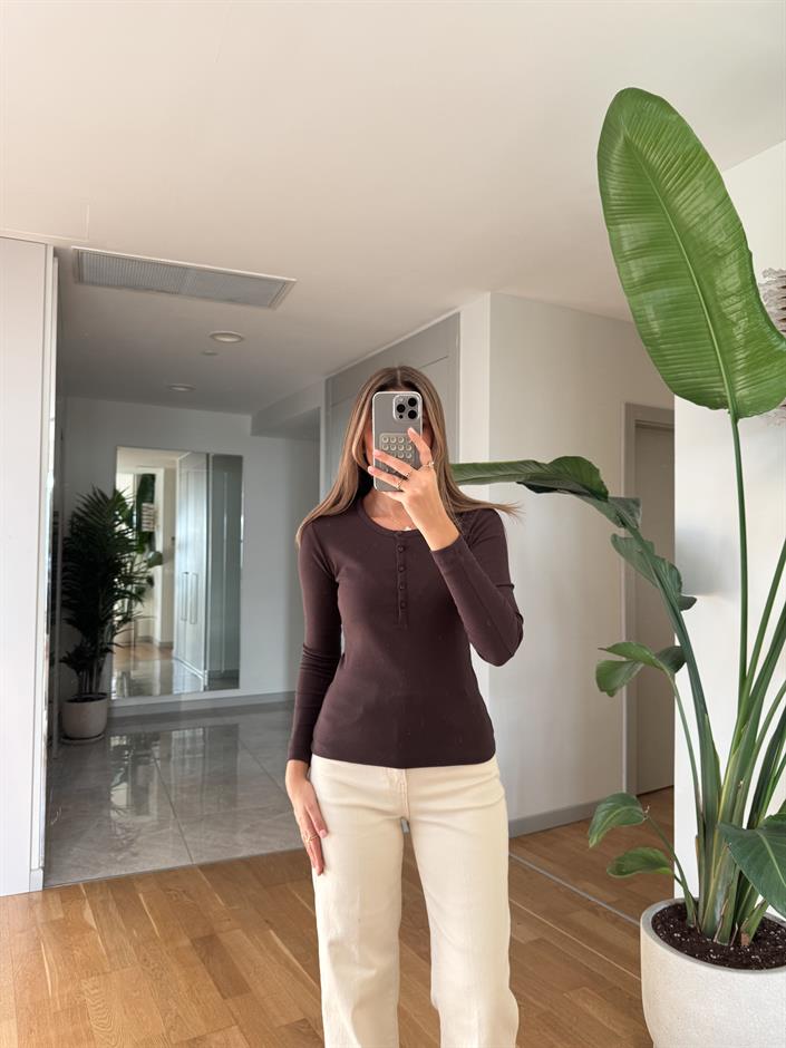 Düğmeli Fitilli Bluz -Kahve