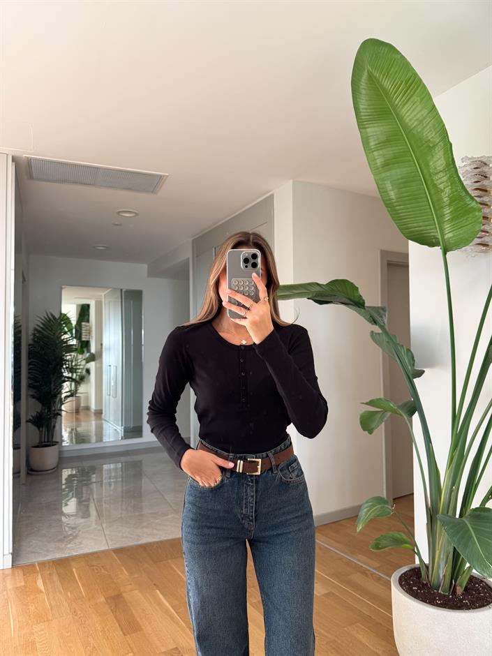 Düğmeli Fitilli Bluz -Siyah