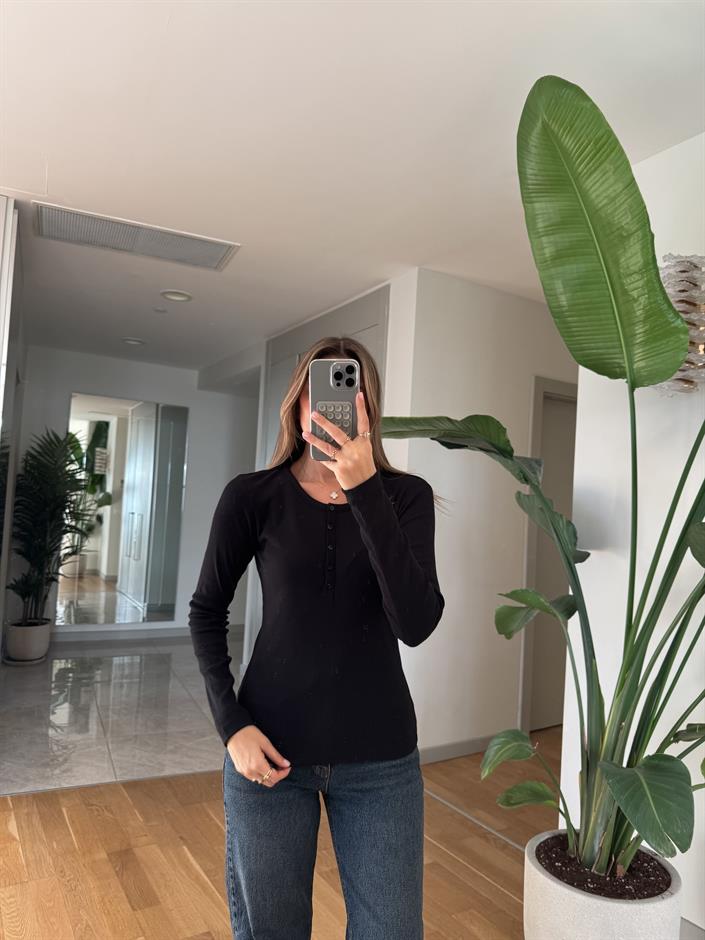 Düğmeli Fitilli Bluz -Siyah