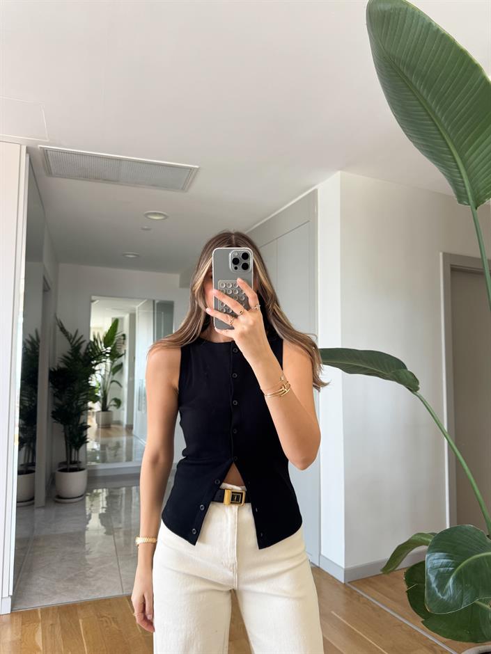 Düğmeli Örme Bluz - Siyah