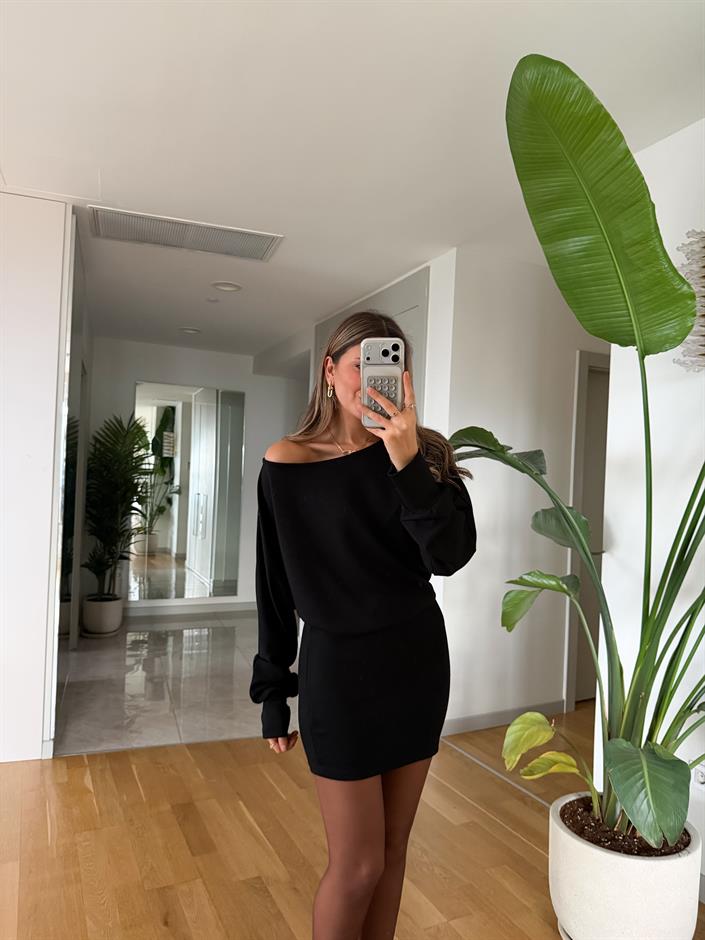 Düşük Omuzlu Modal Elbise -Siyah