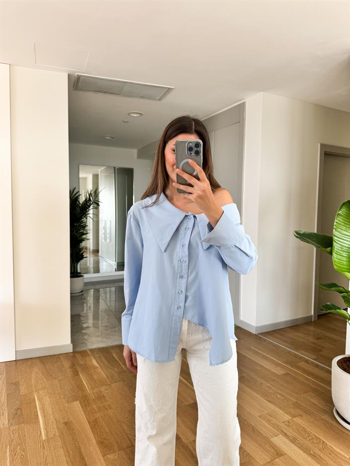 Düşük Yakalı Gömlek- Mavi