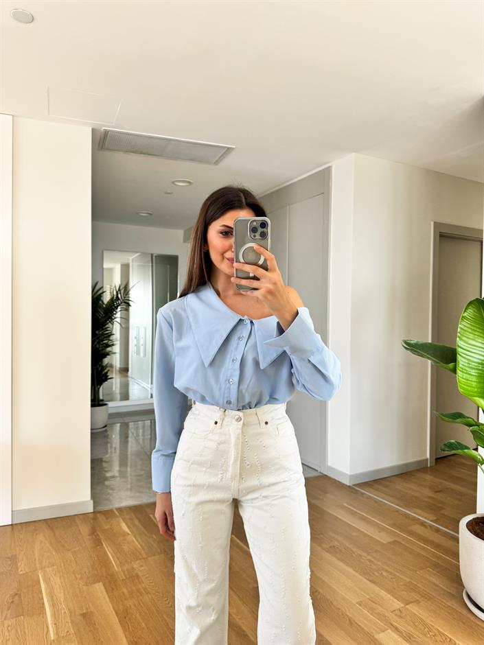 Düşük Yakalı Gömlek- Mavi