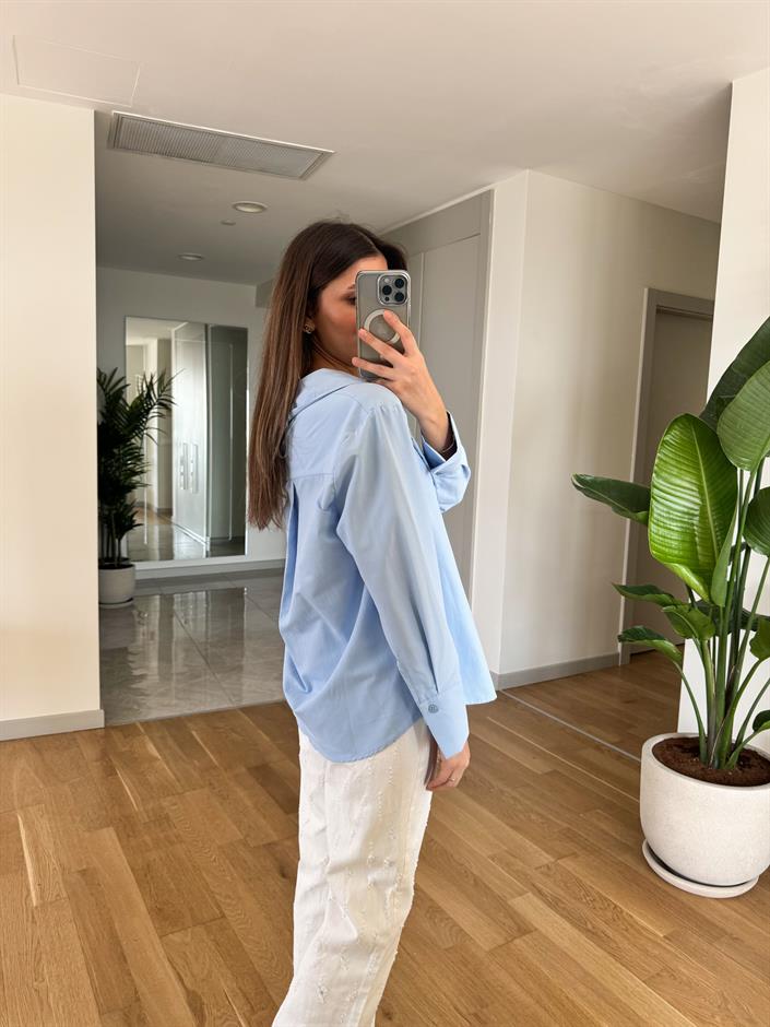 Düşük Yakalı Gömlek- Mavi