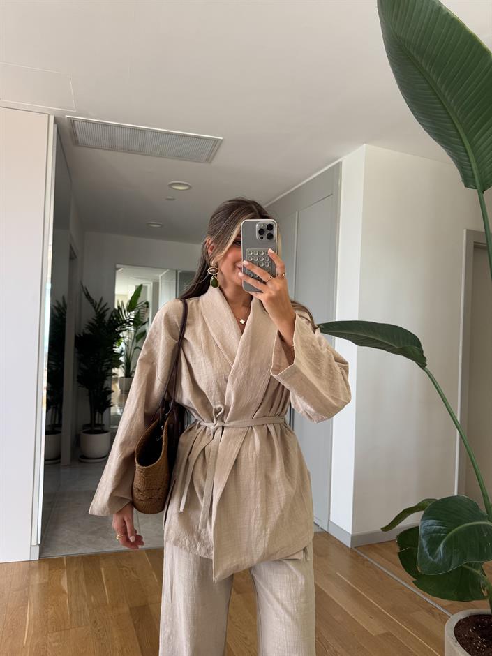 Dway Kuşaklı Kimono Takım - Taş