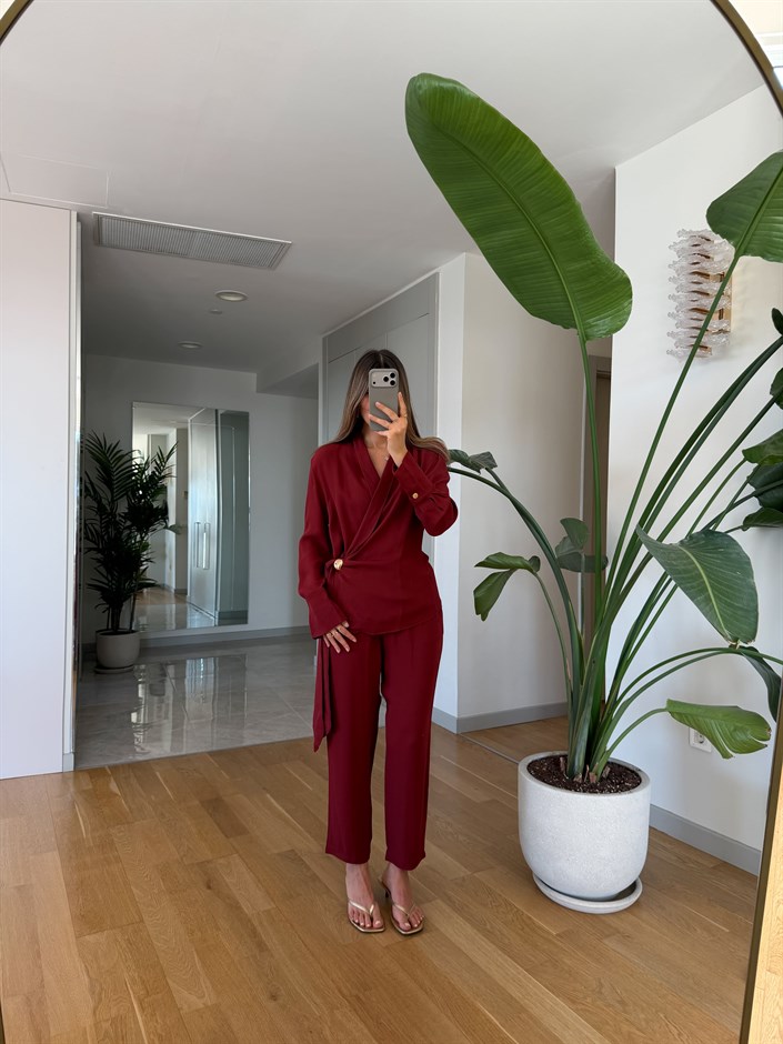 Dylan Gold Broş Detaylı Takım - Bordo