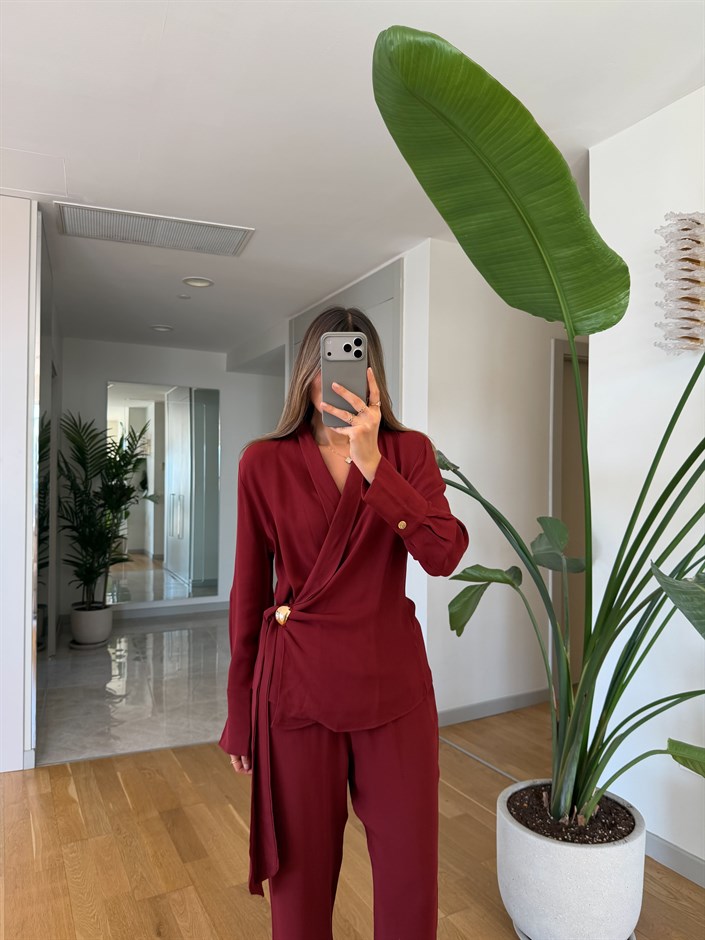 Dylan Gold Broş Detaylı Takım - Bordo