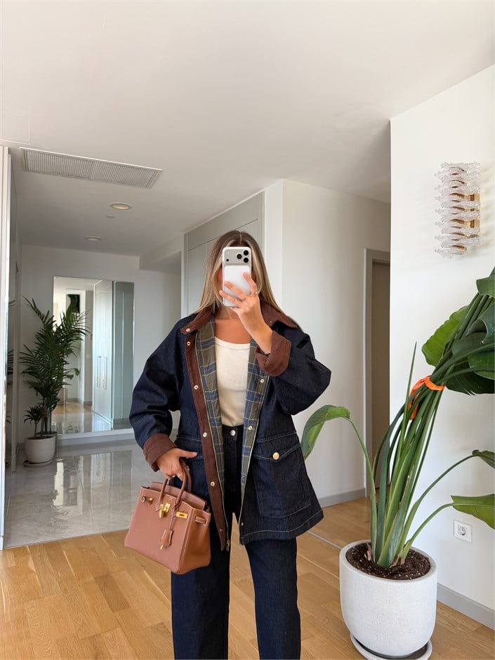 Ekose Astarlı Denim Ceket 